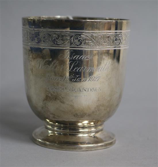 A George V silver Christening mug with engraved inscription, Docker & Burn Ltd, Birmingham, 1927.